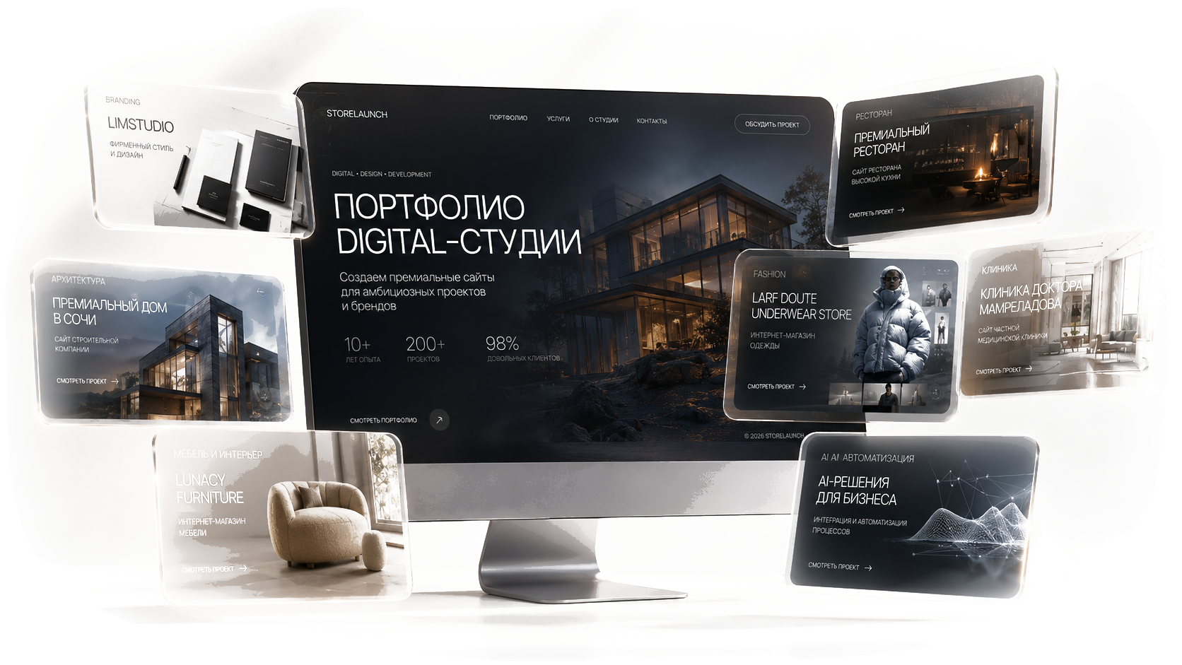 Премиальная витрина кейсов StoreLaunch: монитор и стеклянные карточки портфолио