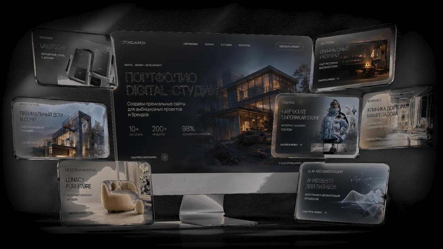 Премиальная витрина кейсов StoreLaunch: монитор и стеклянные карточки портфолио